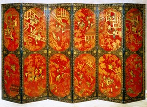 Zesvoudig scherm met Europese figuren in panelen van rood met zwarte randen, ca. 1720